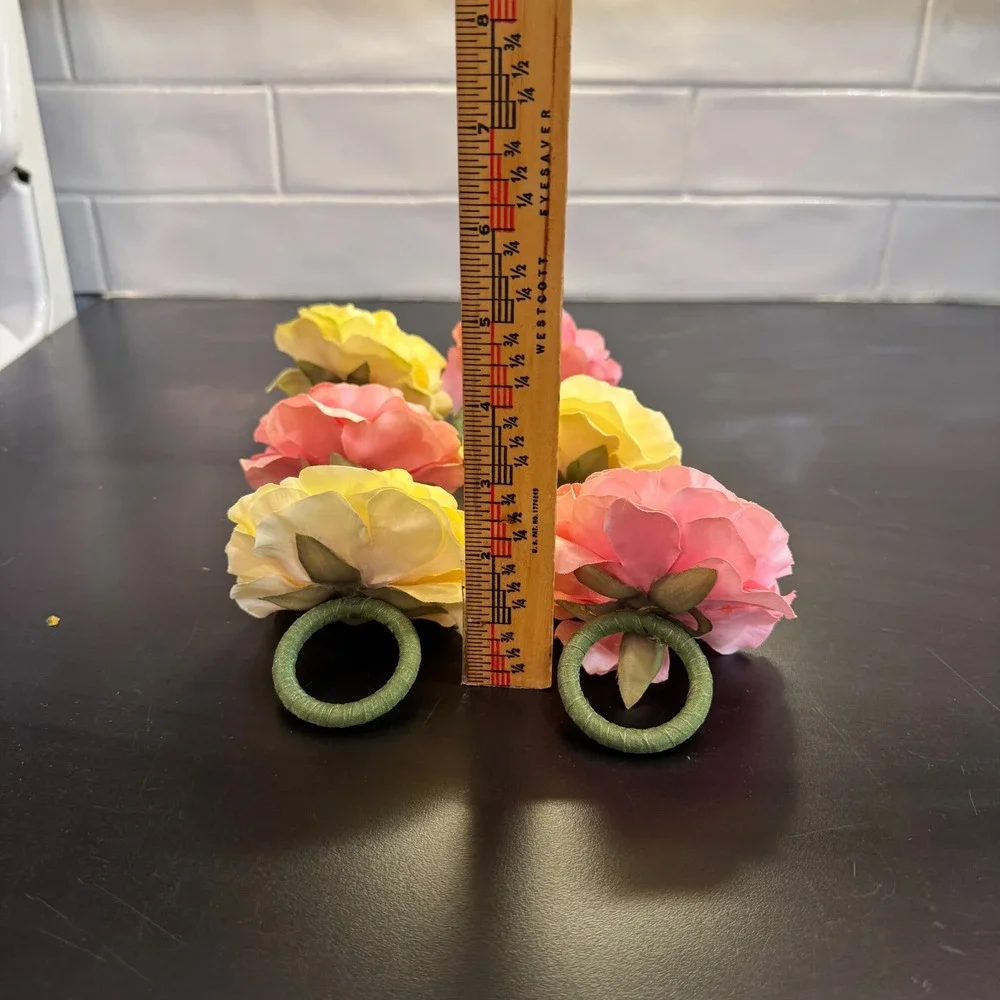 Napkin Rings Set of 6 Pink Yellow Floral Ranunculus Garden Party Decor